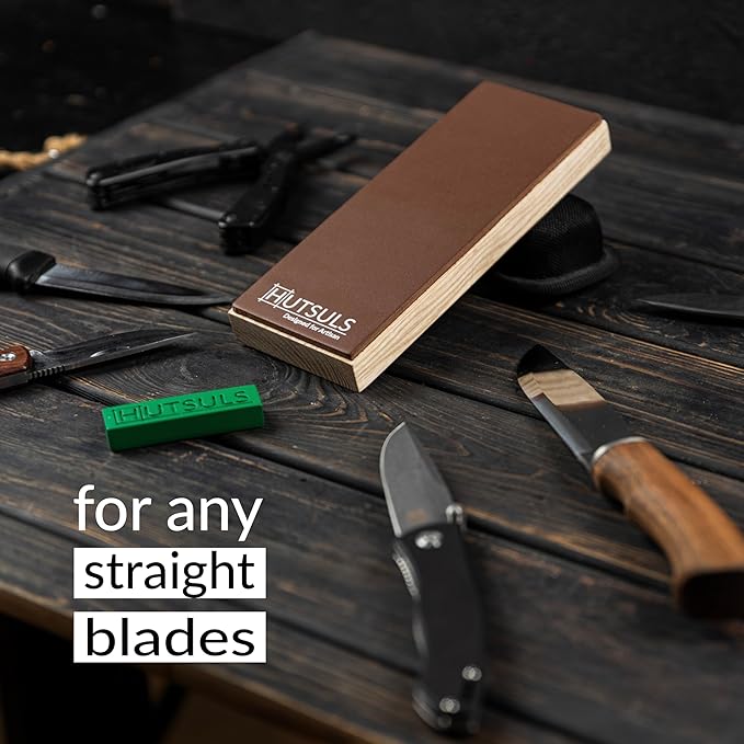 Hutsuls Leather Strop for Knife Sharpening - 3x9 Inch Wood Base Strop Block with Green Stropping Compound, Stropping Kit, Genuine Leather Knife Strop for Knives, Chisels and Straight Razors