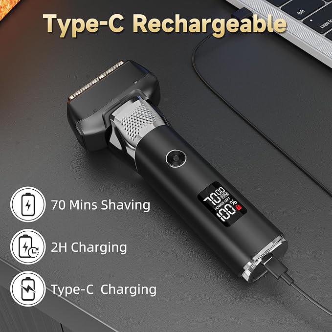Electric Foil Shavers, Electric Razor for Men with Trimmer, Waterproof 5 Floating Blades for Shaving Face, Cordless Rechargeable USB Type-C, Wet Dry Use/Travel Lock/LED Display
