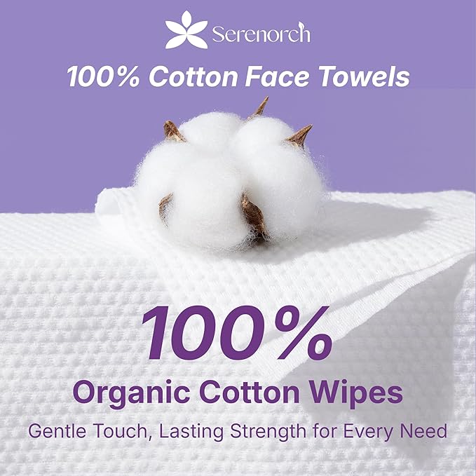 100% Cotton Disposable Face Towels 120 Count, Soft Cotton Tissue for Sensitive Skin, Makeup Remover Dry Wipes, Lint Free Facial Cleansing Cloths for Baby & Adult, Hanging Bag