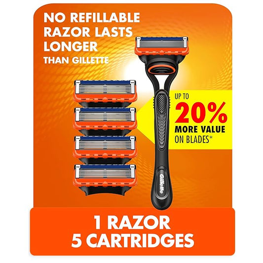 Gillette Fusion5 Razor for Men, 1 Gillette Razor Handle, 5 Razor Blade Refills, with Lubrastrip, for a Close Shave