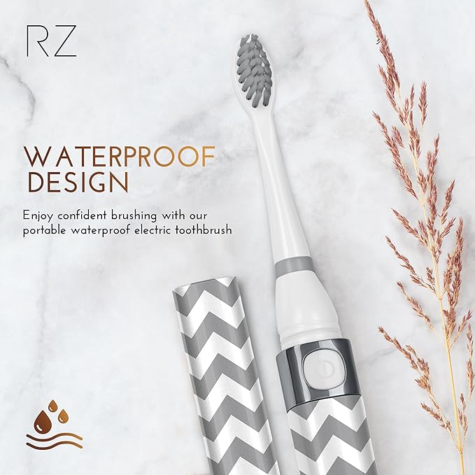 Rachel Zoe Portable Electric Toothbrush for Adults, Battery Operated Compact Sonic Tooth Brush for Trips, Waterproof Travel Toothbrush with Cover, 2 Removable Brush Heads Included, Gray and White
