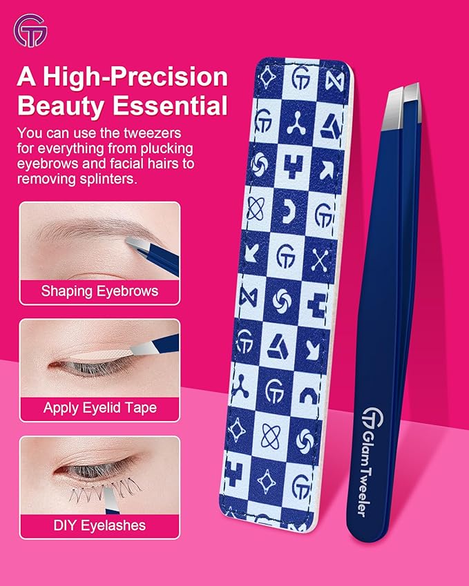 Expert Slant Tip Tweezers with Leather Travel Case, GlamTweeler Sharp & Precision Stainless Steel Tweezer for Eyebrows, Facial Hair and Fine Hairs Removal (Navy Blue)
