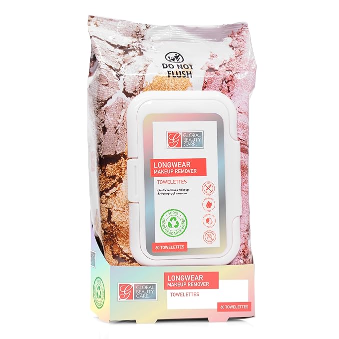 Global Beauty Care - Longwear Makeup Remover Face Towelettes, Waterproof Facial Cleansing Wipes, Retinol Infused with Vitamins C & E for Brightening, Smoothing & Hydrating Skin, 60 Count (1 Pack)