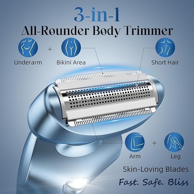 Cordless Electric Razors for Women: Rechargeable Painless Bikini Trimmer for Body Hair - IPX7 Waterproof Shaver with LED Display for Face/Underarm/Leg Deep Blue
