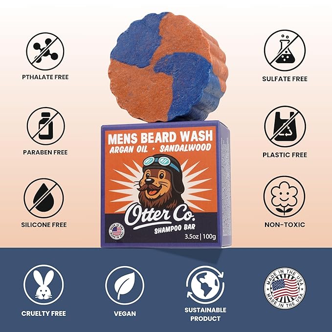 Otter co. Mens Shampoo Bar and Beard Wash – Argan oil & Sandalwood – Green Tea, Zinc, Jojoba Oil, Rosemary – Vegan, Sulfate Free & Non Toxic – With Organic Ingredients - All Hair Types, Made in USA