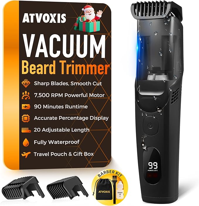 Vacuum Beard Trimmer for Men Rechargeable, IPX6 Waterproof Mustache Trimmer with Adjustable Length Combs (1/25’’-4/5’’), Men’s Electric Stubble Trimmer, Cordless with Built-in Vacuum (Black)