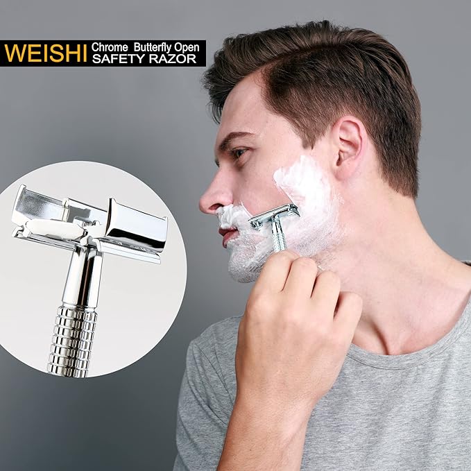 WEISHI Butterfly Open Double Edge Safety Razor for Men, Chrome Long Handle with 5 Stainless Razor Blades Included, Reusable Wet Shave Tool for Smooth, Close Shave