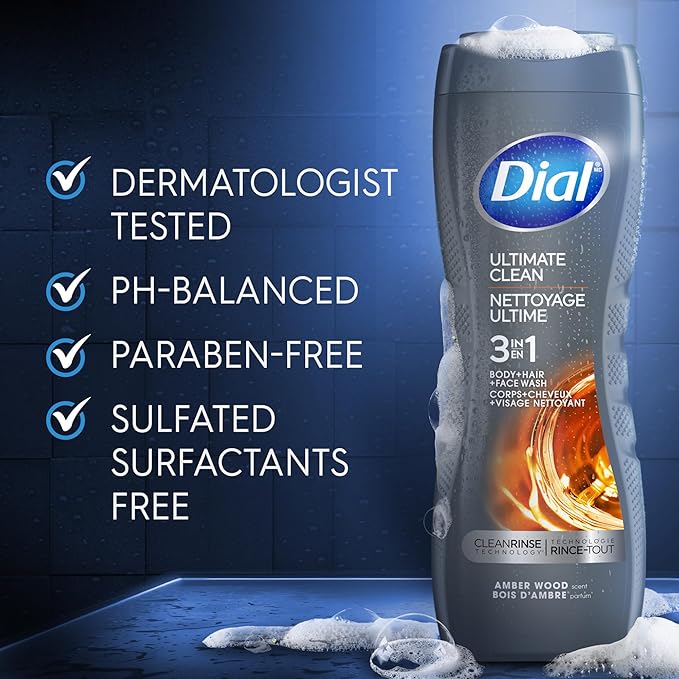 Dial Men 3 in 1 Body, Hair and Face Wash, Ultimate Clean, 16 Fl Oz, Pack of 4, Amber Woods Scent, Cleanses Deep + Gentle on Skin with Clean Rinse Technology