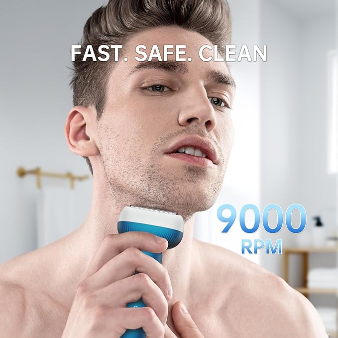 Electric Shaver for Men with Floating Arc 3-Blade, 9000 RPM, Magnetic Head, 1 Hour Fast Type-C Charging, IPX7 Waterproof, Skin-Friendly Blade for Smooth Shaving, Navy