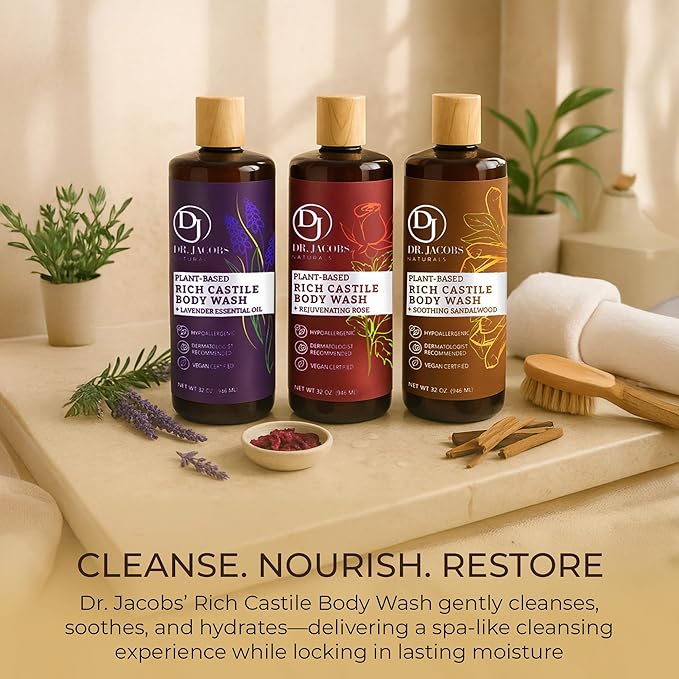 Dr. Jacobs Naturals Pure Castile Soap Liquid Body Wash, Sandalwood - Plant Based Soap Infused with Vitamin E and Aloe Vera to Moisturize Dry and Sensitive Skin - Made in The USA - 32 oz, Pack of 1