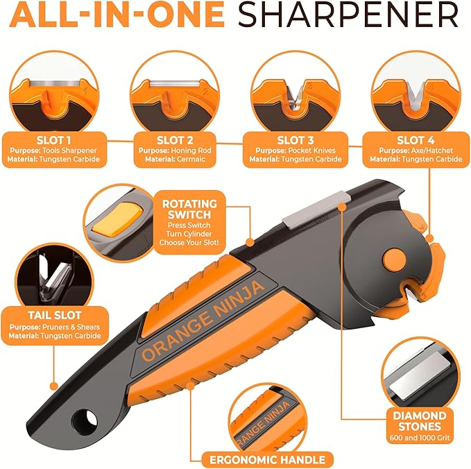 Orange Ninja 7-in-1 Knife & Garden Tool Sharpener – Sharpens Pocket Knives, Axe, Hatchet, Machete, Pruner & Hedge Shears – Repairs & Hones Edges by Sharp Pebble