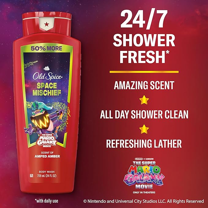 Old Spice Body & Face Wash for Men, x The Super Mario Galaxy Movie, 3X Defense, 24/7 Shower Fresh with Long Lasting Scent, Smell Super with Space Mischief, Amped Amber Scent, 24 oz
