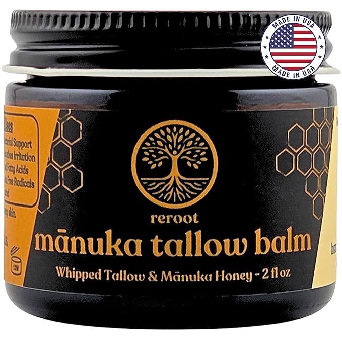 Manuka Honey Beef Tallow for Skin ~2 INGREDIENTS~ 100% Grass-Fed Tallow and Honey Balm - Whipped & UNSCENTED Tallow Face Moisturizer - Hydrating Tallow Balm for Men, Women, Kids & Babies (2oz)