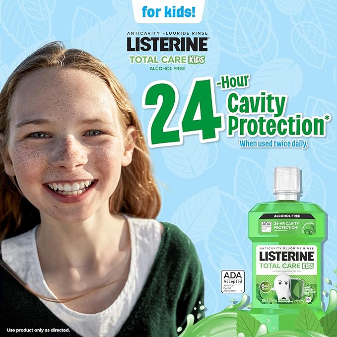 Listerine Total Care Kids Mouthwash, ADA Accepted, Alcohol-Free Anticavity Fluoride Mouthwash, Oral Rinse for Cavity Protection and Fresh Breath, Mint Shield Flavor, Twin Pack, 2 x 500 mL
