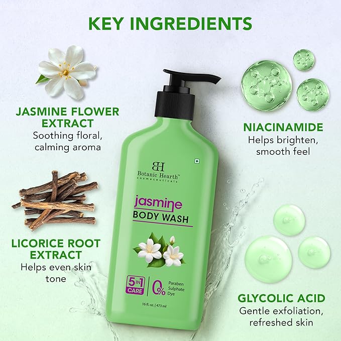 Botanic Hearth Jasmine Body Wash – Gentle 5-in-1 Cleansing Formula with Soothing Floral Aroma, Hydrating & Sulfate Free Daily Shower Gel – 16 fl oz