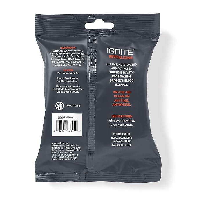 Ignite Mens Body Wet Wipes, Extra Thick 8" x 8" Shower Wipes, Revitalizing Scent, 10 Count (Pack of 5)