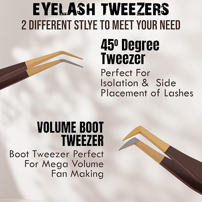 HADIZ Professional Eyelash Extension Tweezers Japanese Stainless Steel 45° & 90° Lash Tweezer for Precision Beauty Tools(Brown & Gold)
