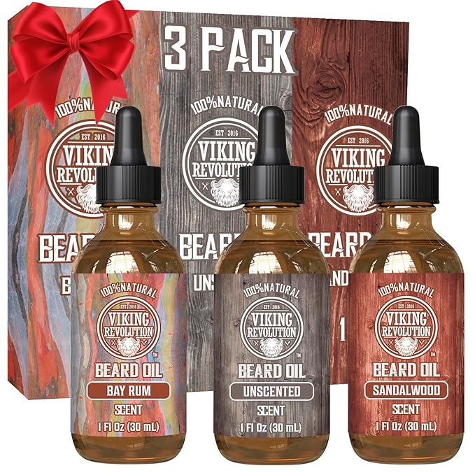 Viking Revolution Beard Oil for Men 3 Pack - Natural Mens Beard Oil Variety Set 2 - Sandalwood, Unscented and Bay Rum Scents - Beard Conditioning and Moisturizing for a Healthy Beard (3 Pack, 1oz)