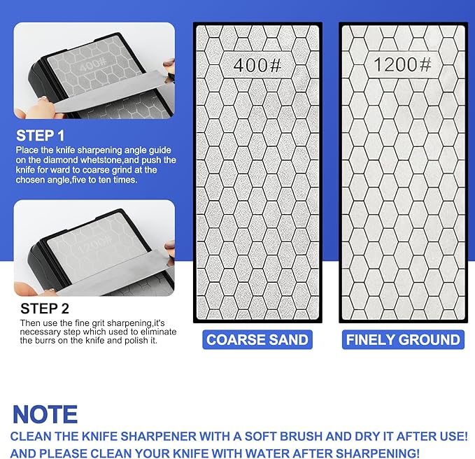 Double-sided Diamond Sharpening Stone,Knife Sharpening Stone with Extra Fine 1200/Coarse 400 Grit Diamond Plate, Storage Case with Non-Slip Base & Angle Guide(7 x 3.5 Inch)