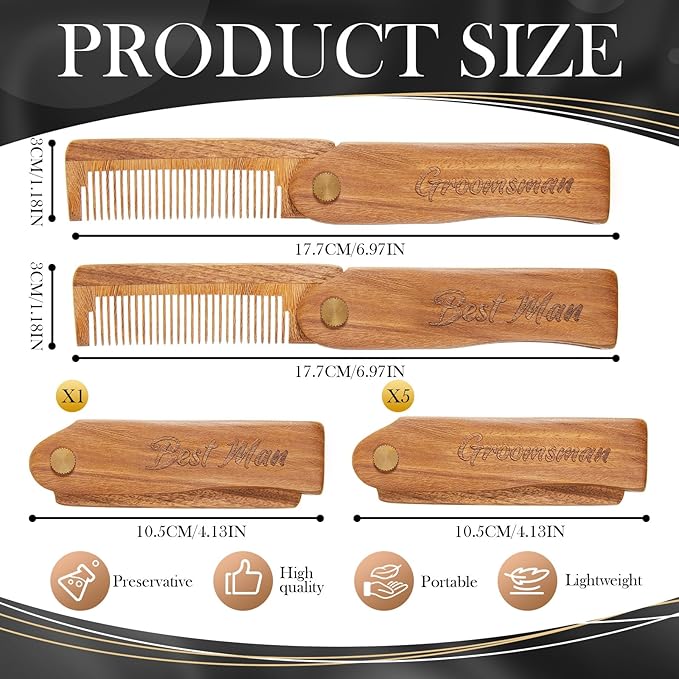 6 Pcs Groomsmen Gifts Folding Beard Comb for Men with Opener Groomsmen Gift Set of 6 Best Man Proposal Gift Combs Hair Mustache for Wedding Party Favor Grooming Detangling(Wooden,Wood Color)