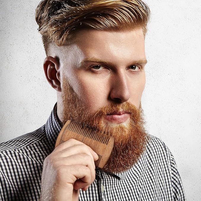 Natural Sandalwood Wooden Dual Action Beard and Mustache Comb Set with Leather Cases for Beards and Mustaches (Black, Yellow, Brown)