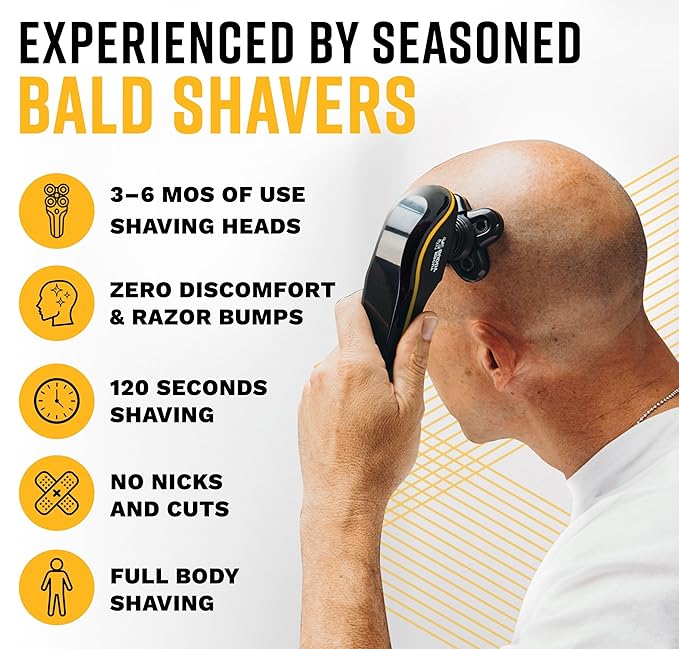 Bald Buddy Head Shaver for Men, Waterproof, Rechargeable Electric Razor, Cordless, Ergonomic Design, Battery & Cleaning Indicator, The Cut Buddy