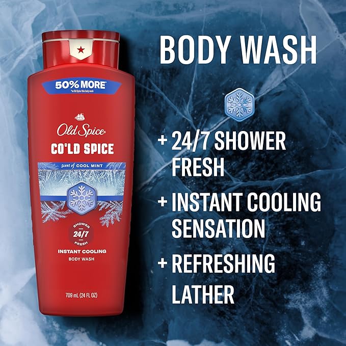 Old Spice Body Wash for Men, 24/7 Shower Fresh & Clean with Daily Use, Lasting Signature Scent, Refreshing Lather, Moisturizing Formula, Cold Spice with Cool Mint Scent, 24 oz