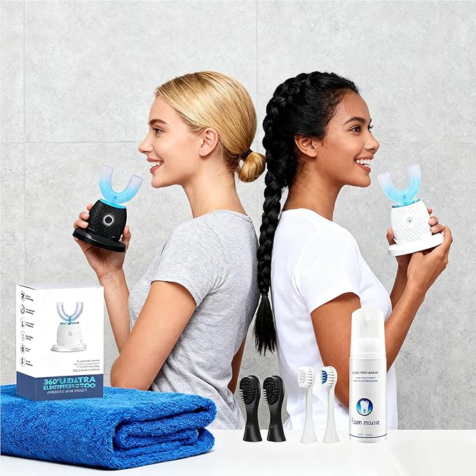 U-Shaped Toothbrush for Adults, All-in-One Foam Mousse & Ultrasonic Clean, Hands-Free with 4 Brush Heads, Blue LED Light, Advanced Charging Base (Black)