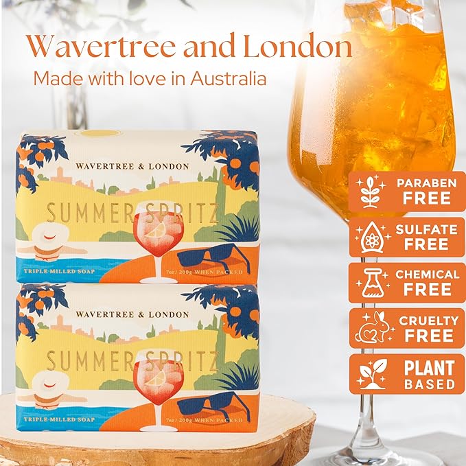 Wavertree & London Summer Spritz Scented Natural Soap (2 Bars), 7oz Moisturizing French Triple Milled Soap Bars enriched with shea butter - Pure Plant Based Bath & Body Bars for All Skin Types