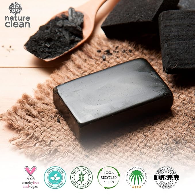 Nature Clean Activated Charcoal Soap for Face & Body Detox 3.5 oz (3-pack) Deep Moisturizing, Exfoliating & Cleansing Black Soap Acne Treatment, Eczema & Psoriasis. Sensitive Skin Cleanser