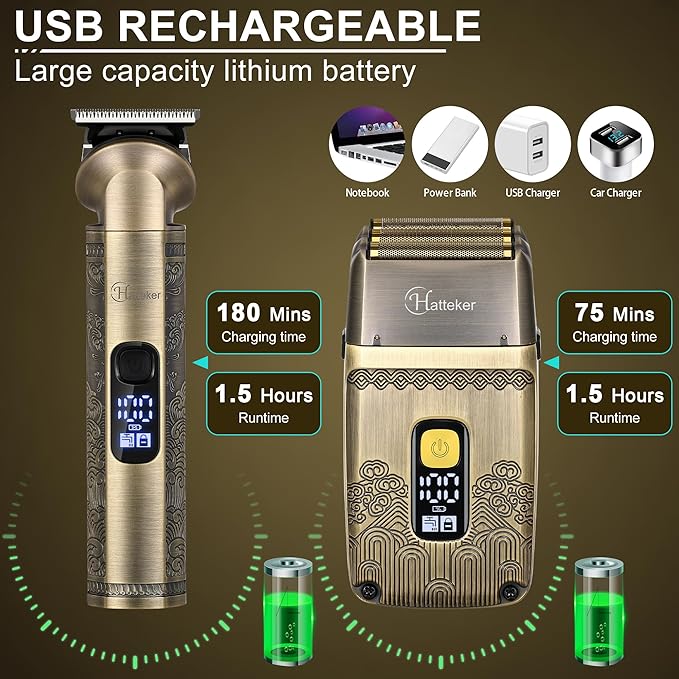 Hatteker Professional Hair Clipper Electric Razor Foil Shavers for Men Body Nose Ear Hair Grooming Kit with Triple Blades Cordless Waterproof