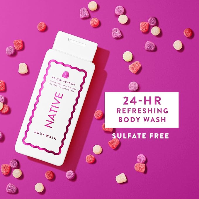 Native Body Wash, Holiday Edition, Holiday Gumdrop Scent, Contains Naturally Derived Ingredients | For Women & Men, Sulfate, Paraben, & Dye Free Leaving Skin Soft and Hydrated | 18 oz