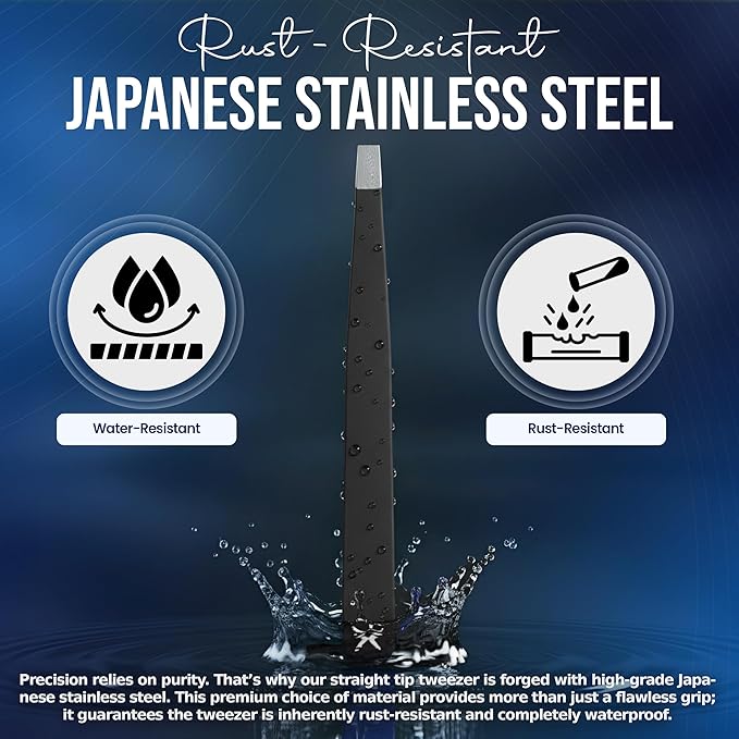 Professional Straight Stainless Steel Tweezers for Men & Women - Precision Eyebrow Facial Hair Removal with Strong Grip & Fine Point Tip (Matt Black)