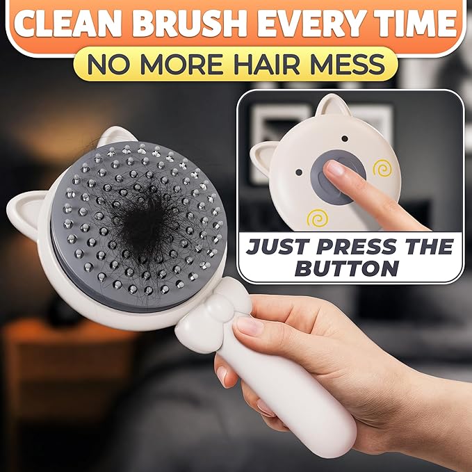 White Pig Self Cleaning Hair Brush for Women - Compact 7,87х3,66 in Retractable Hair Brush Easy Clean with Magnetic Attach - Effective Detangling and Easy Self Cleaning Hairbrushes with Soft Bristles