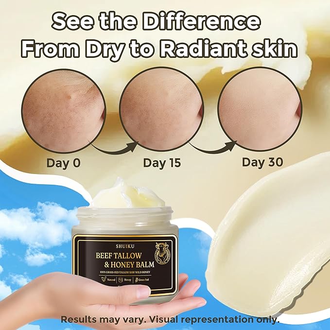Beef Tallow and Honey Balm for Face, All-Natural Tallow and Balm for Face & Body, Grass-Fed Tallow with Raw Wild Honey, Ultra-Hydrating Moisturizer for Men and Women