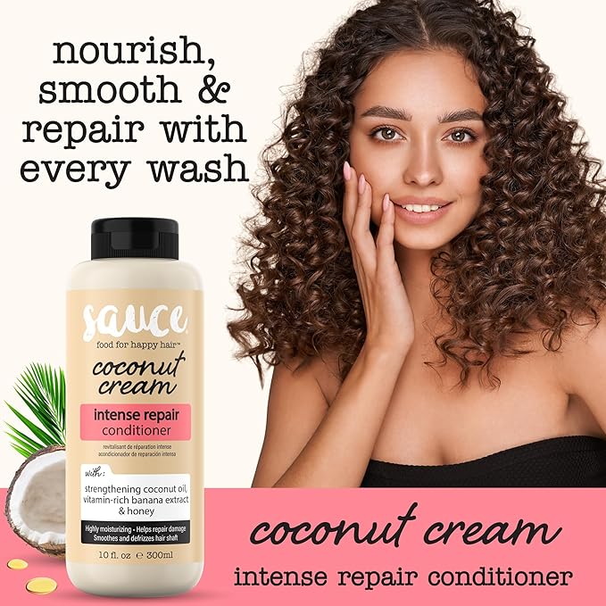 SAUCE BEAUTY Coconut Cream Conditioner for Dry, Damaged, Frizzy, Curly Hair with Coconut Oil, Paraben & Sulfate-Free, 10 Fl Oz | Intense Repair, for Dry, Revitalizing, Banana, Honey