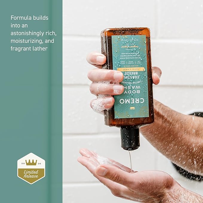Cremo Rich-Lathering Coastal Breeze Body Wash Men, Notes of Salty Air, Coconut Water, and Mossy Woods, 16 Fl Oz