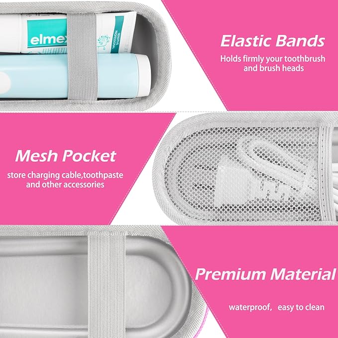 Toothbrush Travel Case for Oral B/Oral-B Pro 1000 1500 5000 7000 & Philips Sonicare 4100 1100 5300 5100 6100/iO Electric Toothbrush, Hard Protective Storage Bag (Pink)