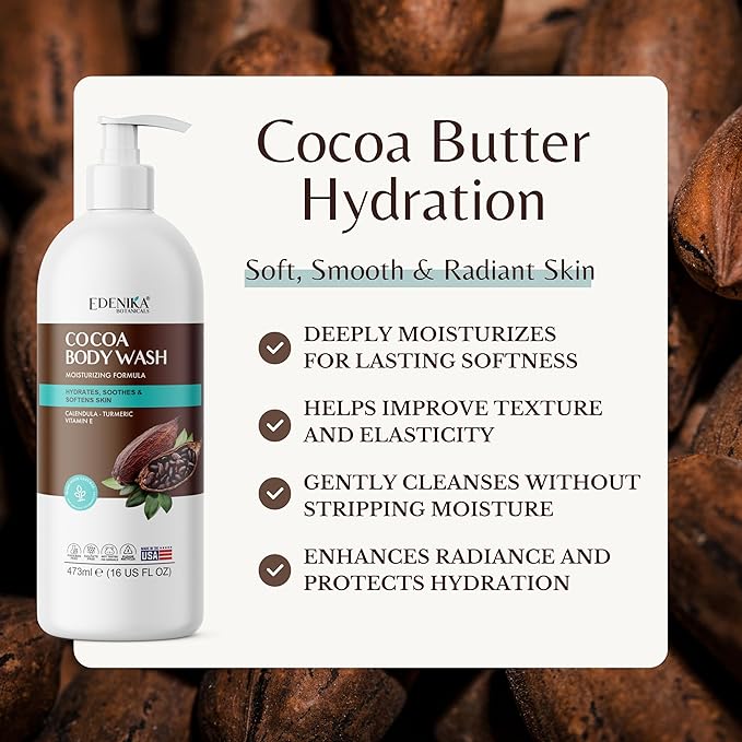 Cocoa Butter Body Wash, Cleanses, Hydrates & Nourishes, Deep Moisturizing Shower Gel for Dry and Sensitive Skin, Women & Men, Organic & Natural, 16 fl oz