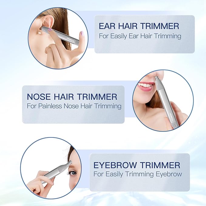 Nose Hair Trimmer for Men Women 2in1 Facial Hair Removal Trimmer - Metal Body, Rechargeable, Waterproof, Portable - Nose, Ear, Eyebrow, Peach-Fuzz, Lips, Chin (Silver)