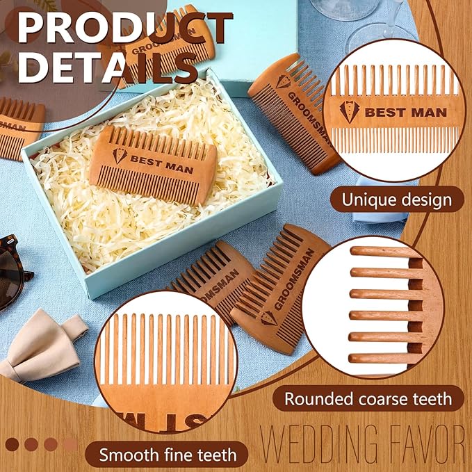 6 Pcs Groomsmen Gifts Wooden Beard Comb for Men Including 1 Best Man and Set of 5 Groomsman Comb Grooming Detangling Tool for Hair & Mustache Wedding Best Man Party Favor Gift