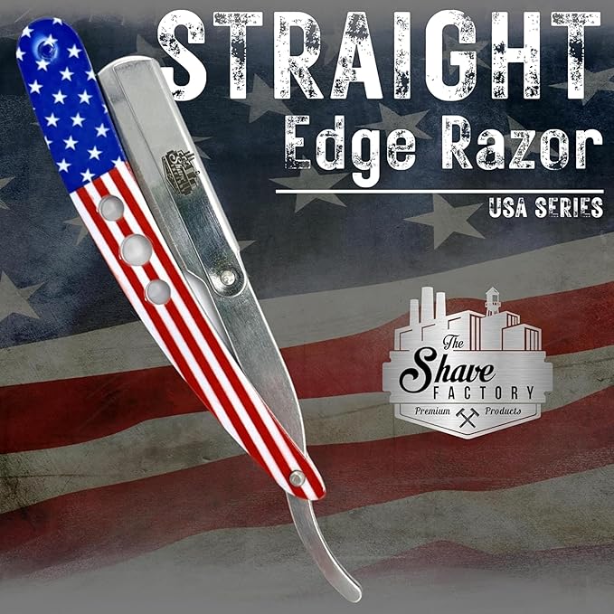 The Shave Factory Straight Edge Razor Kit - with Single Stainless Steel razors (USA + Red)
