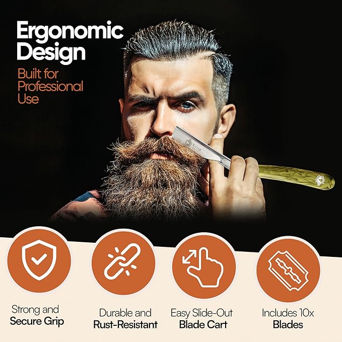 Professional Straight Razors For Men 2mm Exposed Blade Straight Edge Barber Razor Kit For Close Shaving - Beard Navajas Para Barbero Shavette 10 Shaving Blades By Krisp Beauty (Yellow Marble Design)