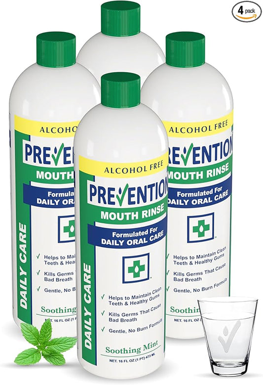 Prevention Daily Care Alcohol-Free Mouthwash, Hydrogen Peroxide Teeth Whitening with Soothing Fresh Mint for Bad Breath Treatment, Fluoride-Free Gum Care Oral Mouth Rinse 16 oz 4 Pack