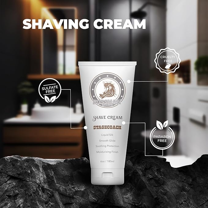 Bossman Liquid Silk Shave Cream for Men – Sensitive Skin Formula, Smooth Glide, & Soothing Protection – Moisturizing Finish (Stagecoach Scent)