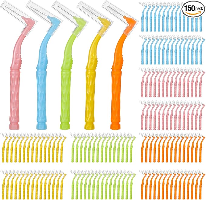 150pcs L-Shaped Interdental Brushes, 5 Sizes Soft Dental Brushes with Non-Slip Handle, Angled Head Tooth Picks for Braces, Implants, and Oral Cleaning