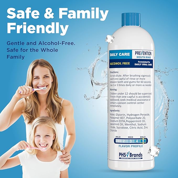 Prevention Daily Care Alcohol-Free Mouthwash, Hydrogen Peroxide Teeth Whitening with Soothing Double Mint for Bad Breath Treatment, Fluoride-Free Gum Care Oral Mouth Rinse 16 oz 2 Pack