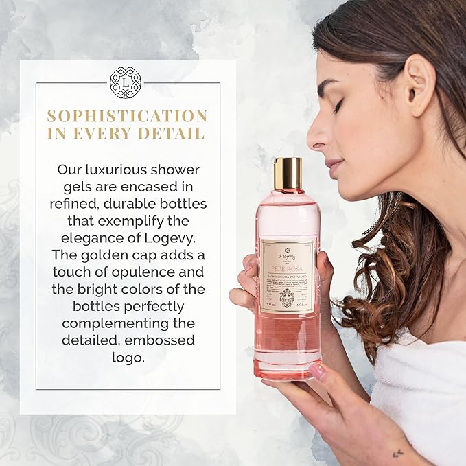 Logevy Pepe Rosa Shower Gel – Indulgent Pink Pepper Aroma Made from the Best Skin-Friendly Ingredients, Rich in Nutritional Properties for Rejuvenating, Hydrating, and Soothing Action – 500ml