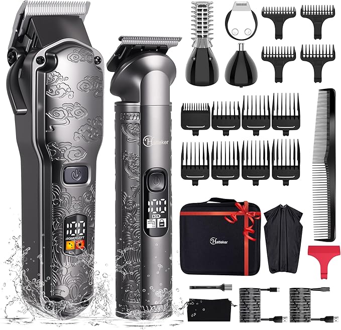 Hatteker Professional Hair Clippers for Men Beard Trimmer Clippers Set Waterproof T-Blade Trimmer Cordless Grooming Kit Nose Body Hair Barber Clippers Hair Cutting Kit
