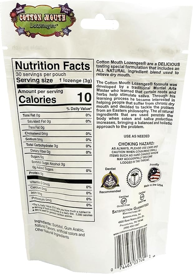 Cotton Mouth Lozenges Dry Mouth Relief Fruit Mix 3.3oz Bag (1 Bag) | Relieves Dry Mouth & Increases Saliva Production, Sugar Free, Gluten Free, Delicious Fruit Flavor, Individually Wrapped, 30 Ct